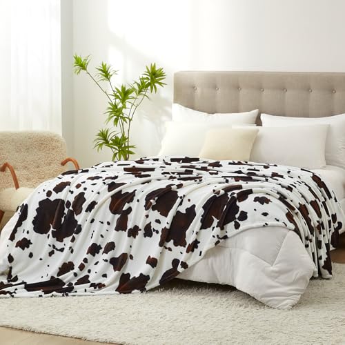Cozy Bliss Cow Print Throw Blanket Non Shedding MilkyPlushTM Fleece 330GSM Thick Blankets Western Room Decor Super Soft Warm for Adults Kids Girl Gifts Bedroom Couch Sofa Travel Black Brown 90"x90"