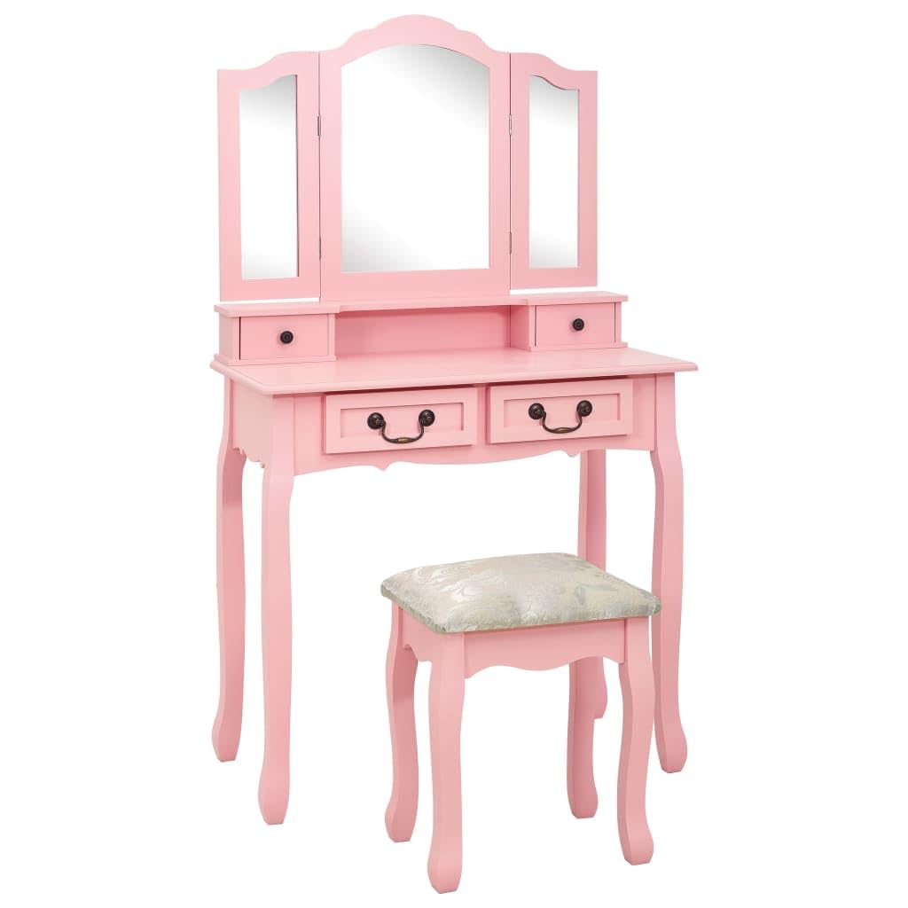 Coiffeuse avec tabouret, rose, 80 x 69 x 141 cm, en bois de paulownia, avec miroir, commode, espace de rangement pour maquillage, bijoux, parfum et accessoires de beauté pour chambre à
