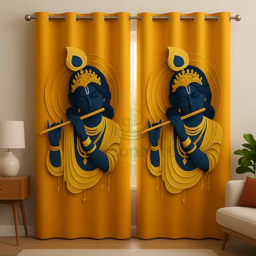 Cotton Nest Home 3D Printed Krishna Bansuri Velvet Curtain | 7 Feet Door & Window Parda | Home & Decor Curtain for Pooja Room, Living Room & Bedroom | Premium Soft Velvet Curtains(Pack of 2)