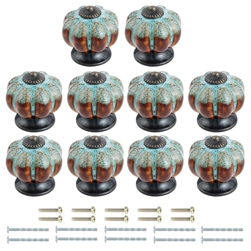 Mgoodoo 10PCS Boutons Céramique Tiroir, Ø38mm Bouton de Meuble Citrouille, Poignées de Porte Vintage en Porcelaine avec 20 Vis pour Armoires Commodes Placards - Bleu