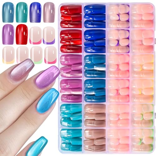 Image of 288 Pcs Short Square Press on Nails Glitter Fake Nails French Tip Nail Press ons 12 Color with Design Glossy Full Cover Easy Apply Manicure Kit for Women