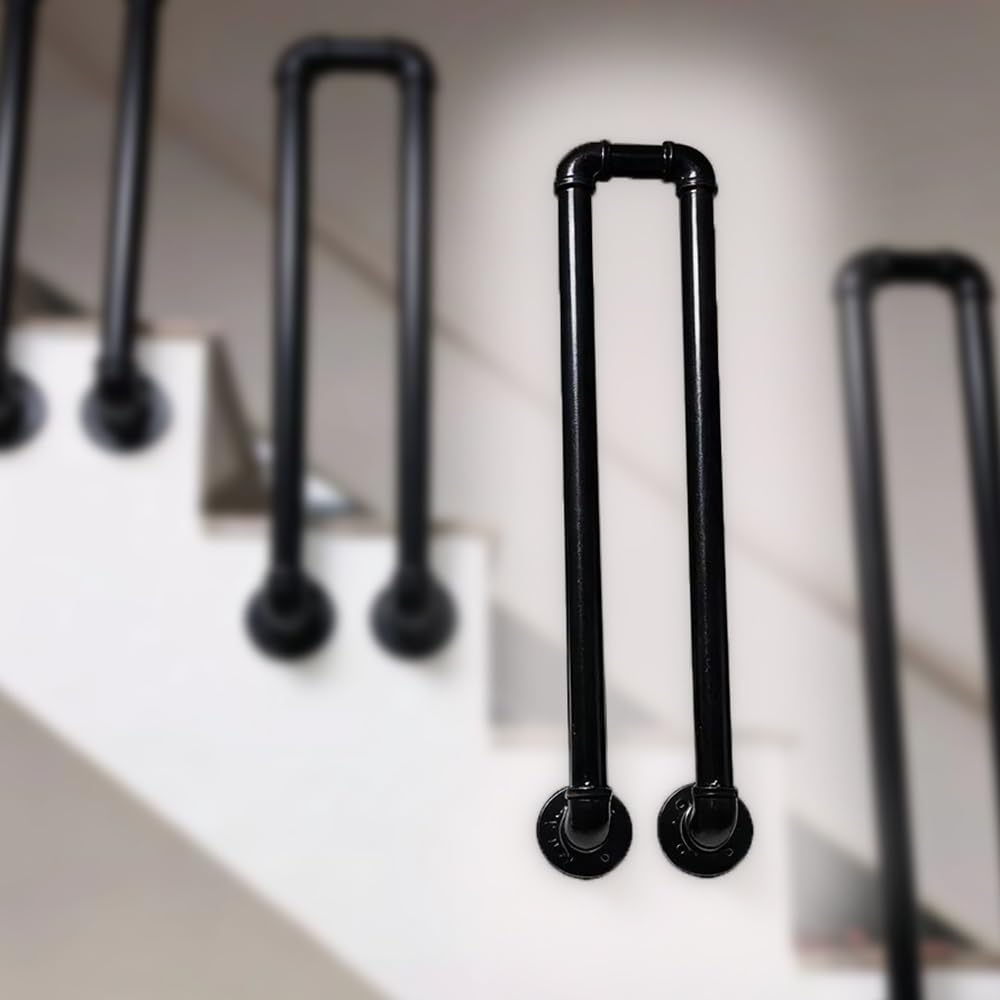 LWJSOCP Industrial Pipe Stair Railing Black Non Slip Side Mount Banister Guardrail for Indoor/Outdoor Steps 95cm (37.4 in) Durable Iron Loft Handrail