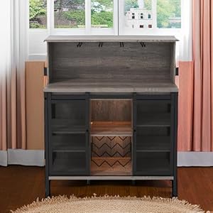 QNICE Coffee & Wine Bar Cabinet with Sliding Barn Door, Farmhouse Buffet Cabinet with Wine Rack & Glass Holder, Led Storage Cabinet for Kitchen Living Dining Room(Dark Rustic Oak) QNICE Coffee Wine Bar Cabinet with Sliding Barn Door Farmhouse Buffet Cabinet with Wine Rack Glass Holder Led Storage Cabinet for Kitchen Living Dining RoomDark Rustic Oak