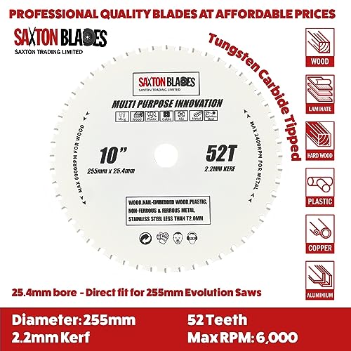 TCT25552TMPT254B Saxton TCT Multi Purpose Innovation Circular Saw Blade 255mm x 52T X 25.4mm Bore Wood and Metal fits Evolution - Image 2