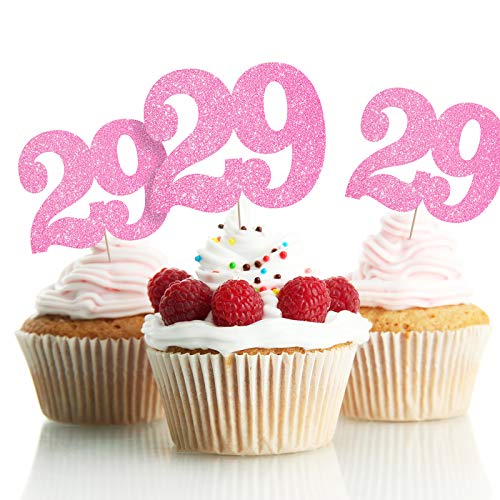 LINGPAR 29 Years Old Pink Cake Toppers Happy 29th Birthday Cupcake Toppers Twenty-Nine Birthday Party Decoration Supplies 24PCS
