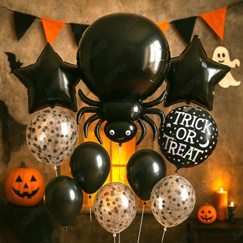 Image of AMFIN (Pack of 11) Halloween Spider Balloon Decoration Set - Black Spider Foil Balloon, inchTrick or Treat inch Round Balloons, 2 black star balloons - Spooky Halloween Party Supplies for Kids & Adults