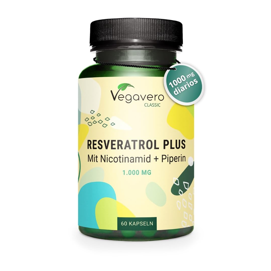 Trans Resveratrol Natural 1000 mg | Con Vitamina B3 y Piperina | Sin Aditivos | Antienvejecimiento, Antioxidante y Antiedad | Vegano | Vegavero