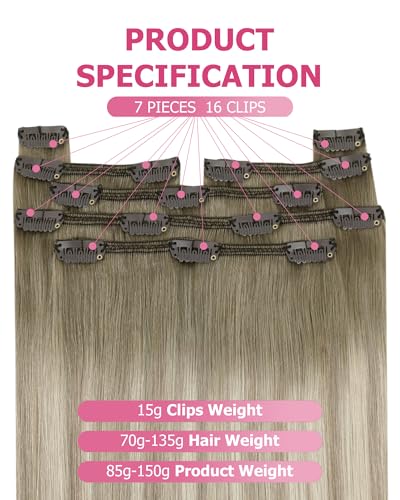 Image of YoungSee Blonde Clip in Hair Extensions Real Human Hair 18 Inch Clip-in Hair Extensions Ash Blonde Mix Platinum Blond Balayage, Dyable Clip on Hair Extension for Women 120G 7pcs