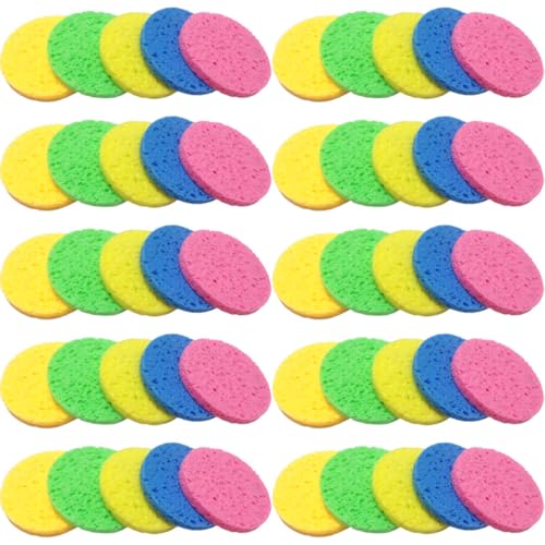 Hemobllo 50 Esponjas Faciales Redondas de Celulosa 60 MM Diámetro y 8 MM Grosor Multicolor 10 Piel 10 Rosa 10 Azul 10 Verde 10 Amarillo Limón para Limpieza y Desmaquillado del Rostro