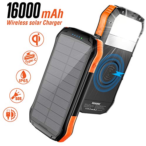 Solar Charger,Soxono 16000mAh Solar Power Bank with Qi Wireless Charger and 2-USB Port