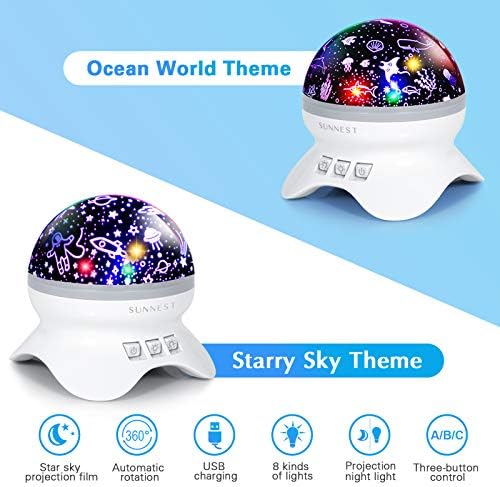 SUNNEST Baby Night Light Kids Projector, Starry Sky Lights Lamp 360 Degree Rotating Space and Ocean Themes with 8 Lighting Modes, Star Projector Gifts for Boys and Girls - White