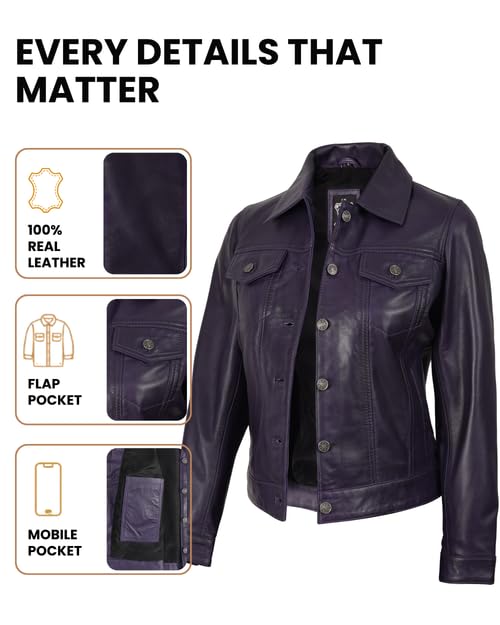 Image of Decrum Trucker Leather Jacket Women - Button Closure Vintage Style Real Lambskin Womens Leather Jacket