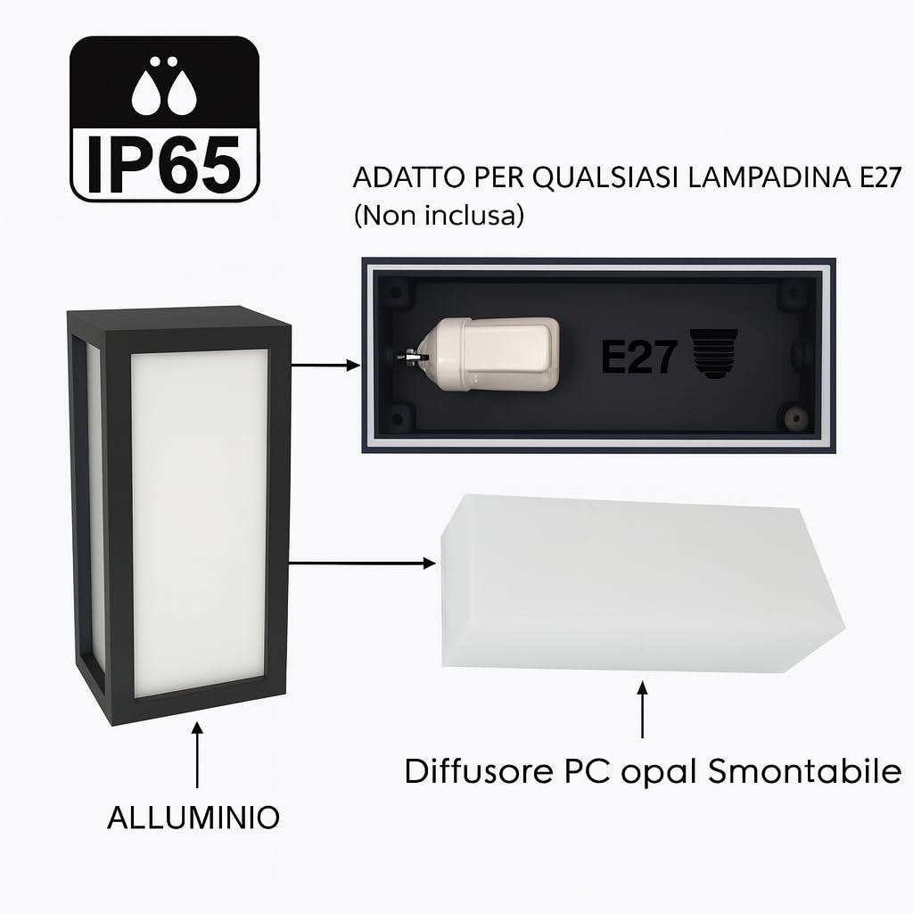 Dopa Applique da Parete Esterno Attacco E27 Design Rettangolare in Alluminio 3 Fasci di Luce Diffusa Lampada da Muro per Interno Balcone Terrazzo IP65 (Nero)