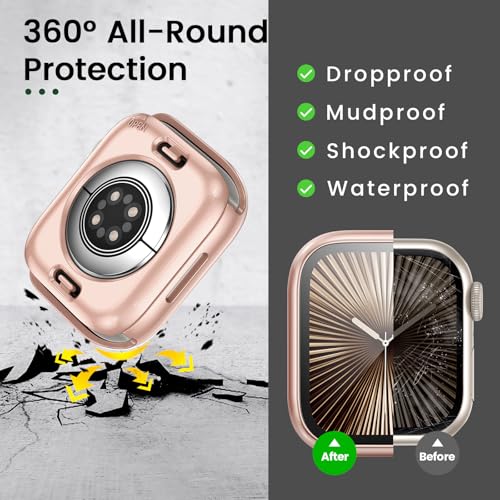 Image of 3 in 1 Goton Waterproof Hard Case for Apple Watch Screen Protector 42mm, 360 Slim Full Protective Tempered Glass Face Cover + Back Hard PC Bumper for iWatch Series 11 /10, 42mm Rose Gold