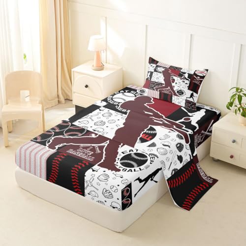 Image of Castle Fairy Baseball Player Bed Sheet Set for Kids,Sports Geometric Grid Red Sheets Set,Patchwork Baseball Home Decor Sheet Sets with Deep Pocket,Top Flat Sheet,Twin Size