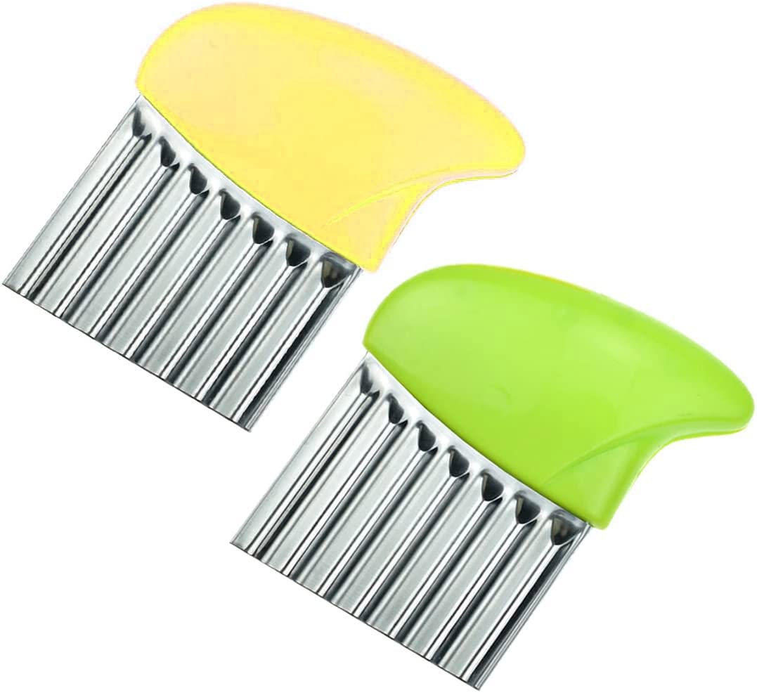 Valuxe Crinkle Cut Tool, All-In-One Multifunctional Wavy Chopper Stainless Steel Tool Assistant, Suitable for Fruits Cutter French Fry Cutting Safe Kitchen Must Have Gadgets(2 PCS Yellow & Green)