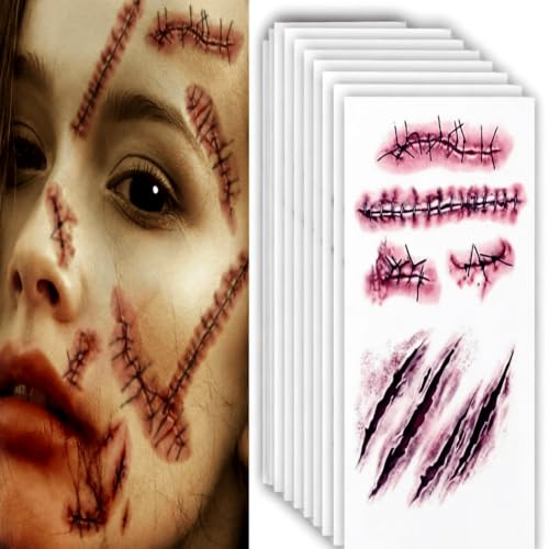 Image of Halloween Makeup Fake Blood Tattoos Zombie Mask Cuts Scars Wounds [15 Pack]