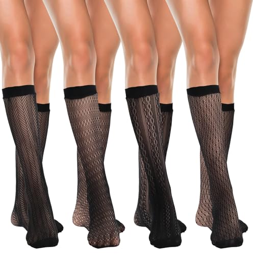 LLOUSSAK 4 Pairs Knee Highs Stockings, Black Knee High Stockings Fishnet Socks Lace Knee High Sock Hollow Socks for Women