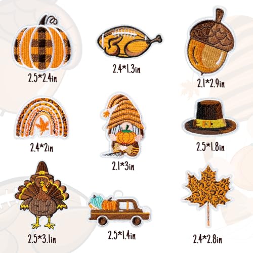 Kirako HOLIDAY 9 Pcs Thanksgiving Fall Iron On Patches Autumn Pumpkin Turkey Maple Leaves Gnome Sew On Embroidered Applique Repair Patch Diy Crafts Accessories Gifts thumb #1