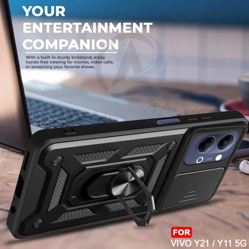 Image of AESTMO Tough Armor Vivo Y21 5G / Y11 5G Bumper Back Case Cover | Ring Holder & Sliding Camera Shield Cover | 360 Degree Protection Back Case Cover for Vivo Y21 5G / Y11 5G (Black)