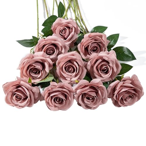 DuHouse 10pcs Silk Roses Artificial Flowers Fake Rose for Arrangement Wedding Party Home Decoration (Dusty Rose) image 2