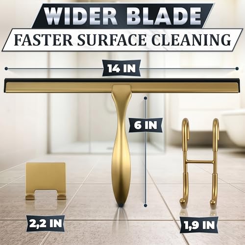 Image of Shower Door Squeegee with Hook - 14 inch Silicone Blade, Stainless Steel Gold Squeegee for Shower Glass with Adhesive Mount - All-Purpose Bathroom Tile, Mirror, & Window Wiper for Streak-Free Cleaning
