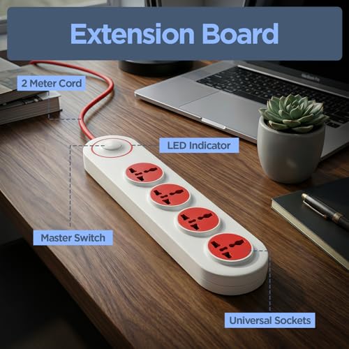 Image of UNIGEN 4 Socket Extension Board 10 Amp with 2 Yard Heavy Duty Copper Extension Cord - 4 International Sockets, Master Switch, LED Indicator with Safety Shutter