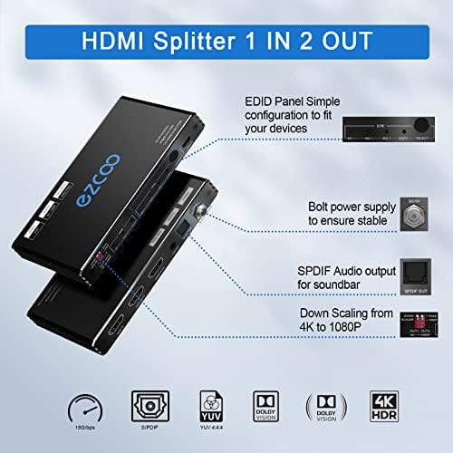 HDMI Splitter 1x2 4K 60Hz 1080P 120Hz PS5 4:4:4 SPDIF 5.1CH Breakout D-olby Vision Atmos HDR CEC HDCP2.2 18Gbps HDMI Splitter 1 in2 out Scaler 4K 1080P EDID 32 Switch ESD SP12PRO