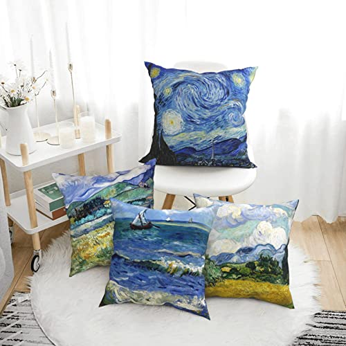 Hostecco Vincent Van Gogh Pillow Cases Set Of 4 Abstract Art Design Cushion Covers Square Decorative Pillow Covers For Famous Painting Fans 18 X 18 Inches #TOP1