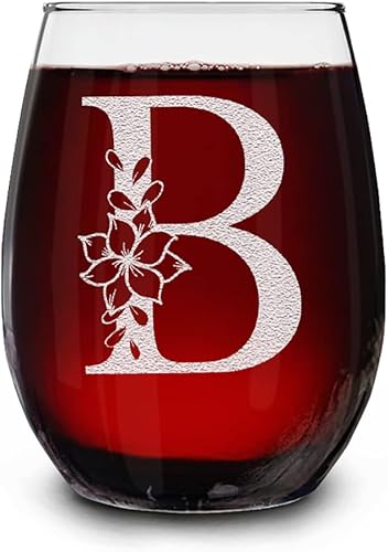 Miniatura 7 de Copa de vino sin tallo con inicial floral monograma, 15 onzas, regalo personalizado para beber para mujeres y hombres (E)
