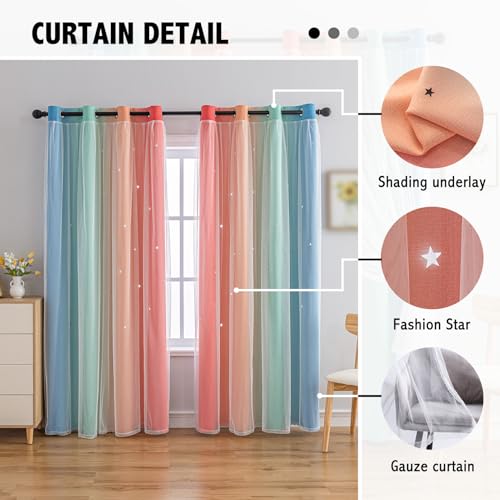 Image of indistar Colourful Stripe Star Cut-Out Blackout Curtains for Bedroom,2 Layers Mix Design of Fabric & Tulle,Pretty Window Curtain for Kids Room 1 Panel (W52 x L95 Rainbow)