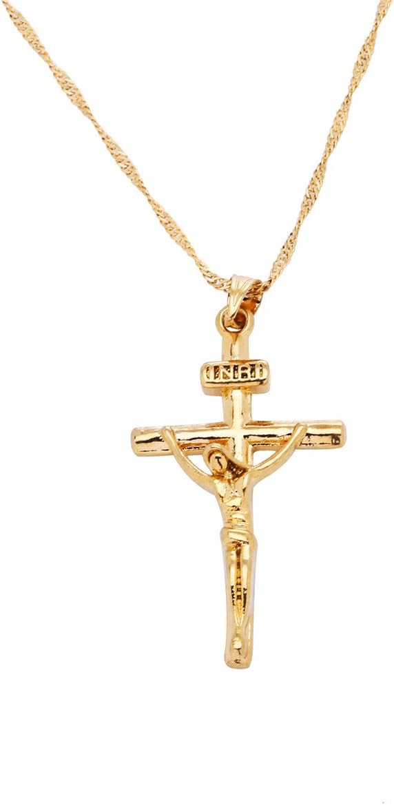 CB Gold Jewelry24K Jesus Cross Necklace Religion Crucifix INRI Pendant