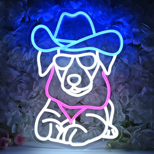 Image of Planzo Cowboy Dog LED Neon Sign Light Bedroom Game Room Man Cave Wall Decor | Zoo Pet Shop Bar Pub Club Home Wall Sign Decor, Christmas Birthday Party, Pet Dog Lovers Gift, Cute Animal, 16.14 inchX12.4 inch, USB