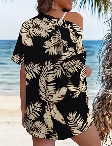 REDHOTYPE Women's 2 Piece Outfits Kimono Style Tropical Print Cover Ups Half Sleeve Blouse Shorts Set Summer Beachwear,Black Flower 01,M4
