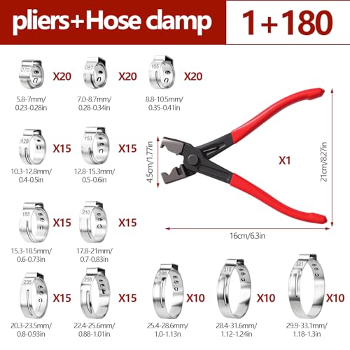 180 PCS 304 Schlauchschellen Edelstahl und 1 Schlauchklemmenzange zum Abdichten von Benzinschlauch Kühlmittelleitungen usw 12 Größen von Schlauchschelle (5.8-33.1 mm) Mehrzweck Schlauchschellen Set