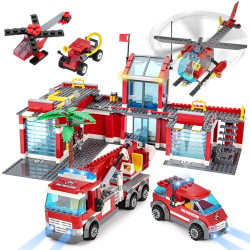 YOOHBERRYS City Feuerwehr Bausteine, 827 Teile Feuerwehrstation Set Kinder, Feuerwehrauto LKW Helicopter Spielzeugset Krankenwagen Feuerwehr Spielzeug Geschenk für Kinder Jungen Mädchen 6+ Jahren