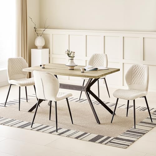 JIJIAN Essgruppen mit Heller Holz Esstisch und 4 Beige Stühle, Rechteckiger Esstisch in 140 x 80 x 76 cm mit 4 Ergonomischer Design Leinen Esszimmerstühle, für Esszimmer, Küche, Wohnzimmer