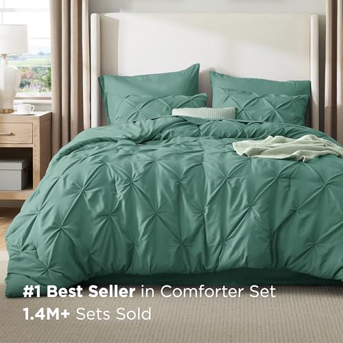 Image of Bedsure King Size Comforter Set Graysih Green - Bed in a Bag Bedding Set 7 Pieces, GentleSoft Pintuck Bed Set Gift for Family, All Season Down Alternative Comforter with Sheets, Pillowcases & Shams