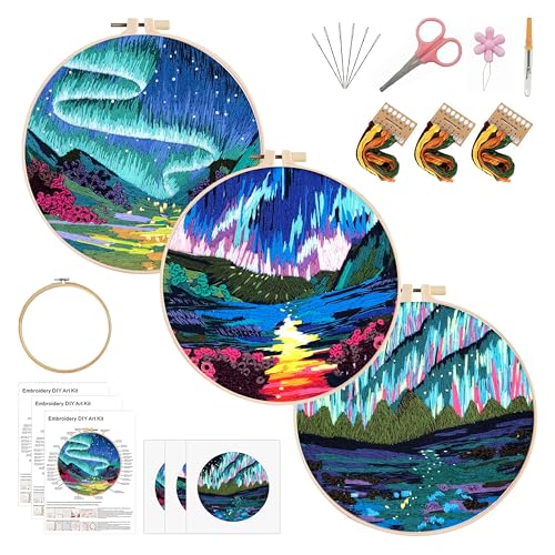 Image of KEKEMEOW 3 Sets Embroidery Kit for Beginners, Stitches with Aurora, Aurora Borealis Embroidery Stitch Practice kit for Adults Craft Lover, Needlepoint Hand Embroidery Kit with Pattern、Instruction、Hoop