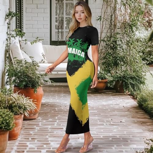 Image of Womens Short Sleeve Jamaican Flag Midi Bodycon Dress