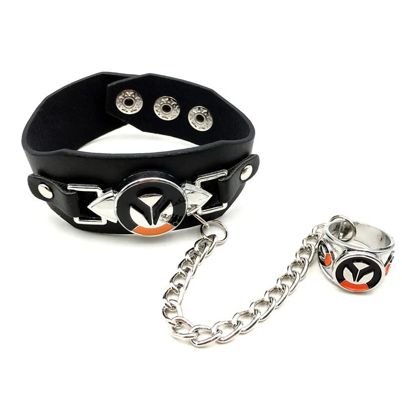 QFYFGYT Leather Bracelet Men's Cuff Wrap Bracelet Adjustable with Ring Logo Bracelet, Black