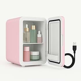 Mini Geladeira Portátil 4L, Rosa, USB 12V, Função Frio e Quente, para Skincare e Cosméticos