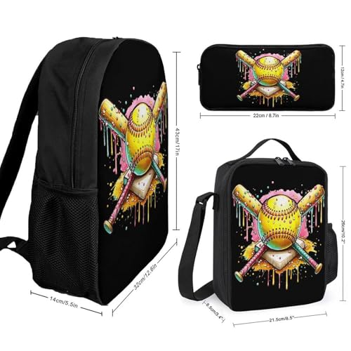 Softball Home Plate Dripping Game Day 77 Backpack Set 3 Pieces Backpacks Lunch Bag Wallet For Travel Outdoor Sports2