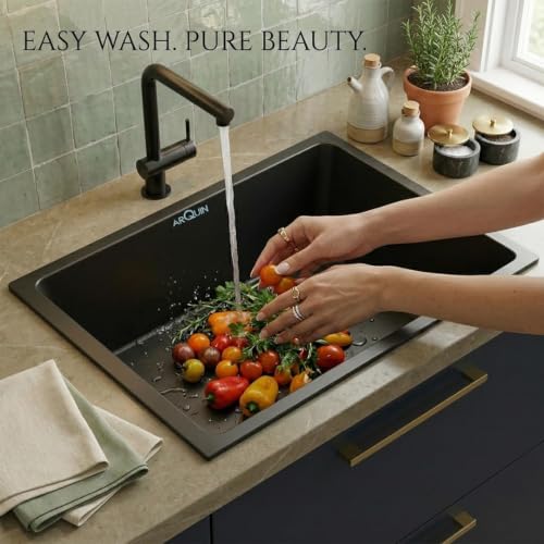 Image of ARQUIN Quartz Kitchen Sink 24x18x9 Inch Black | Single Bowl Quartz Sink For Kitchen | Durable & Scratch-Resistant | Undermount /Topmount Including Coupling, Waste Pipe & Fruit Washing Basket
