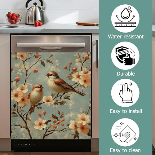 Image of Dishwasher Magnets Decorative Cover,Cute Bird Refrigerator Magnet Cover,Washable Spring Flowers Dishwasher Front Panel Cover Home Kitchen Decoration 23x26 Inch