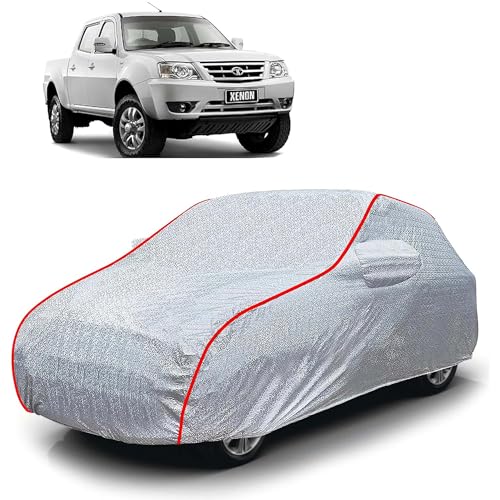 Image of Sulfar 100% Waterproof Car Body Cover Compatible with Mirror for Tata Xenon (Triple Stitched, Full Bottom Elastic, Magic Silver with Red Piping)