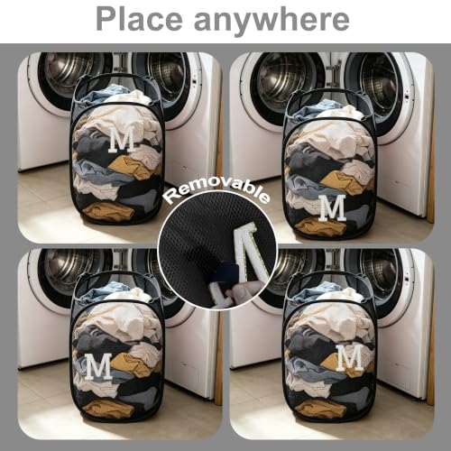Image of Collapsible Pop Up Laundry Hamper, Extra Large with Removable Initial Letter M, Mesh Foldable Laundry Basket, 28 inch x 16 inch x 16 inch (Black)