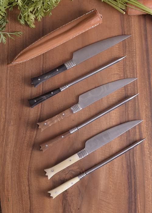 Battle-Merchant - Cubertería medieval de acero inoxidable, incluye estuche de piel, aprox. 19 cm, mango de madera.