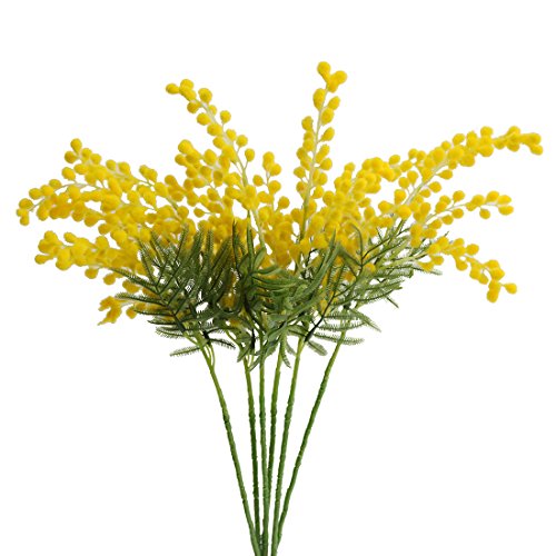 Elyjhyy 6pcs Artificial Albizia Julibrissin Fake Acacia Yellow Flowers Mimosa Leaves Flocking Plants for Home Garden Decor