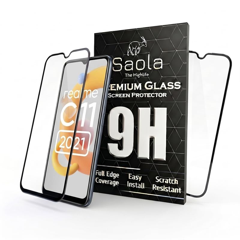 Image of Saola HD+ Oleophobic Tempered Glass Screen Protector For Realme C11 (2021) (Pack Of 2) with Free Installation Kit. Full screen Coverage - 6.5 inch